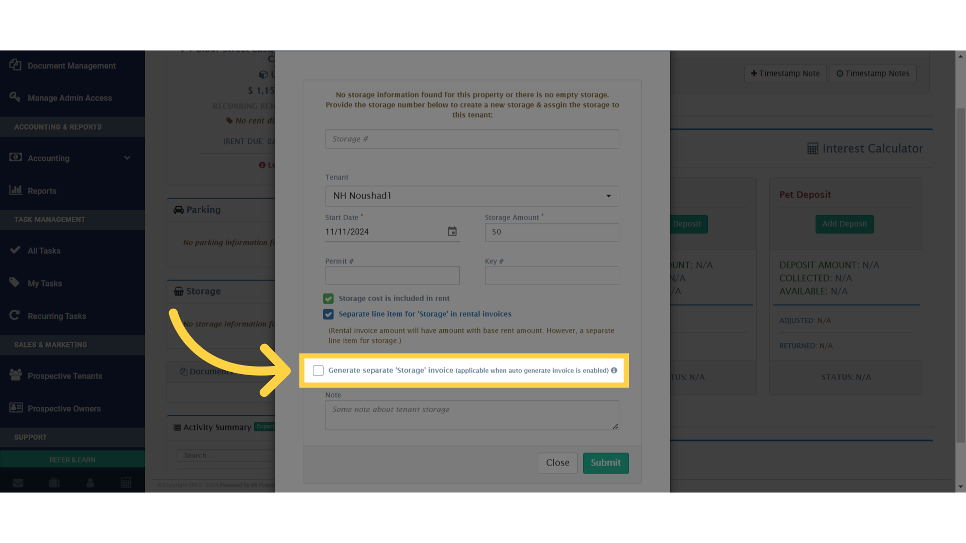 Click 'Generate separate 'Storage' invoice (applicable when auto generate invoice is enabled)'