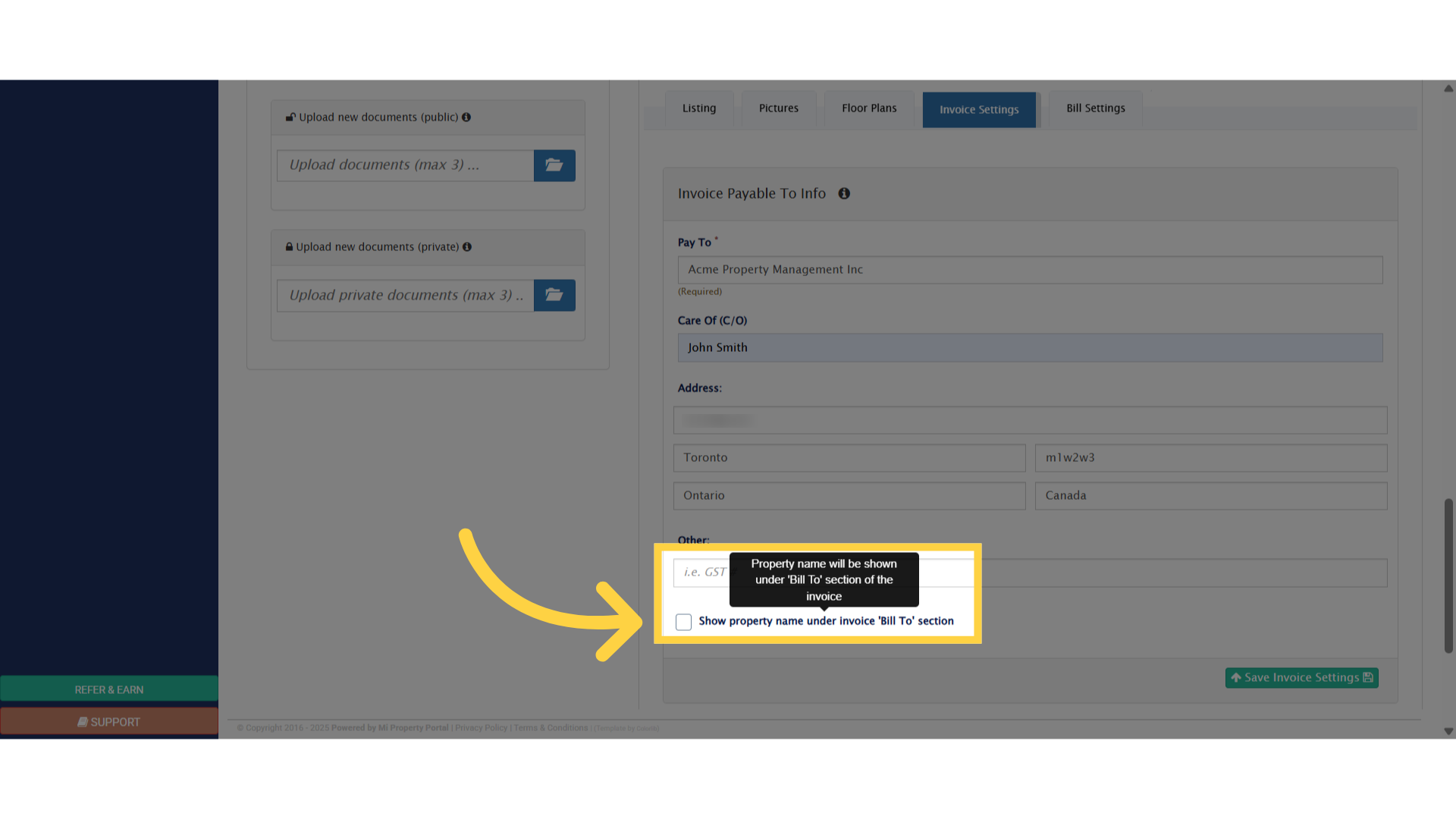 Click 'Show property name under invoice 'Bill To' section'