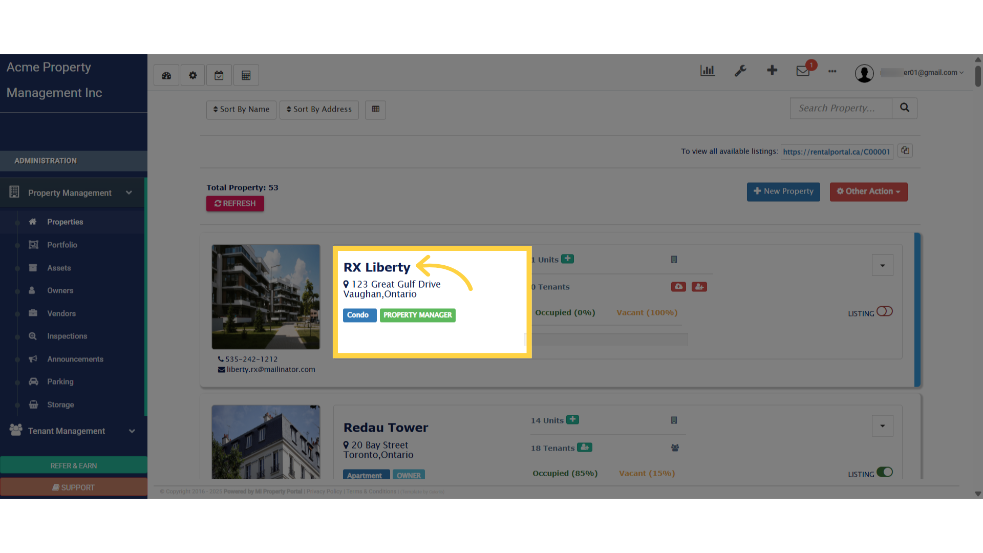 Click on the Property Name to get into the property Details page