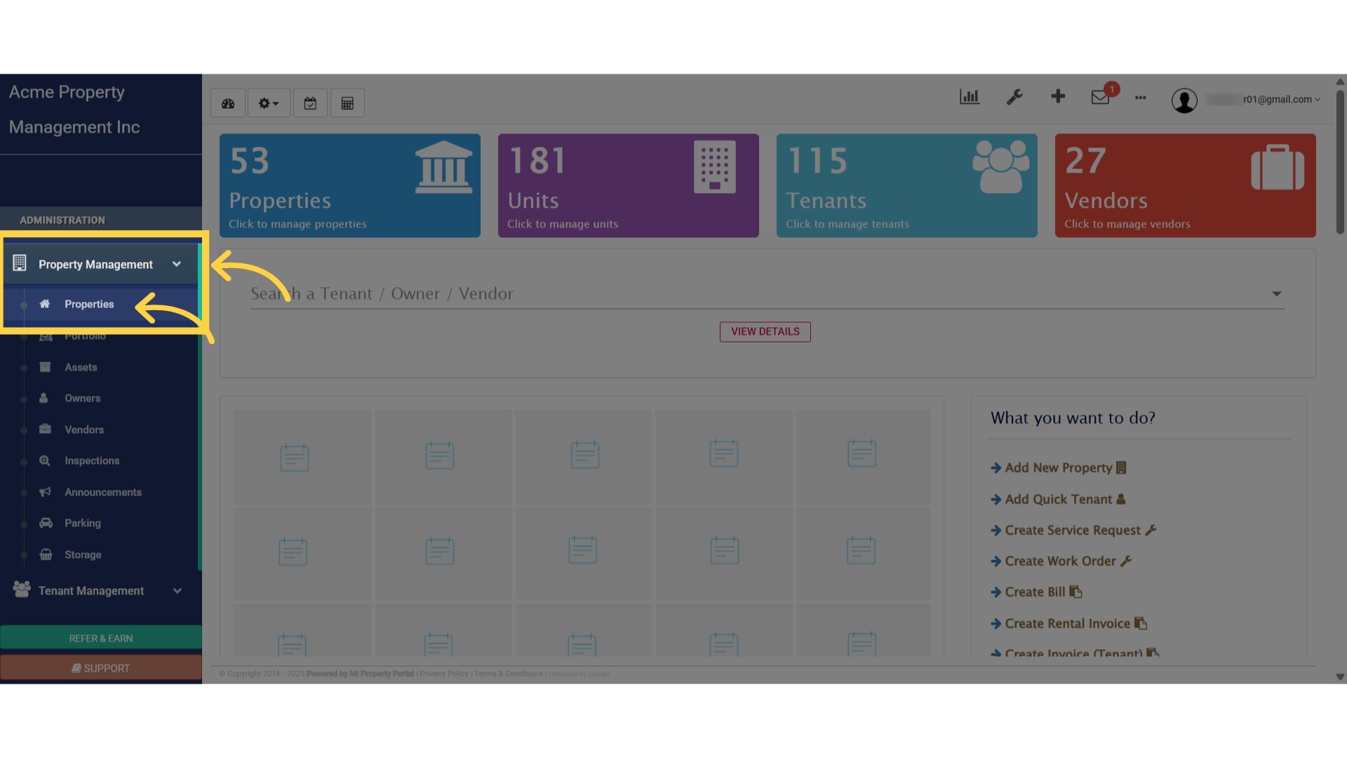 Select 'Properties' from under 'Property Management' dropdown