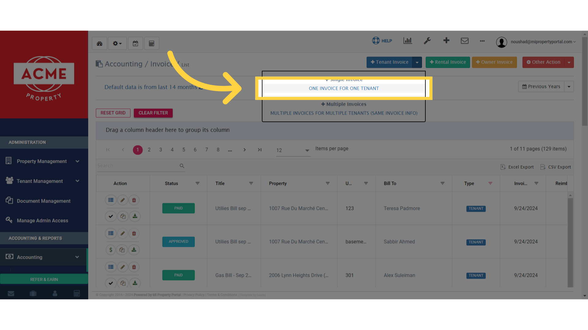 Click 'ONE INVOICE FOR ONE TENANT'