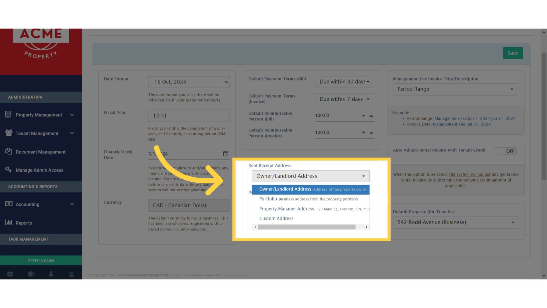 Click 'Default Payment Terms (Bill) Due upon receipt ...'