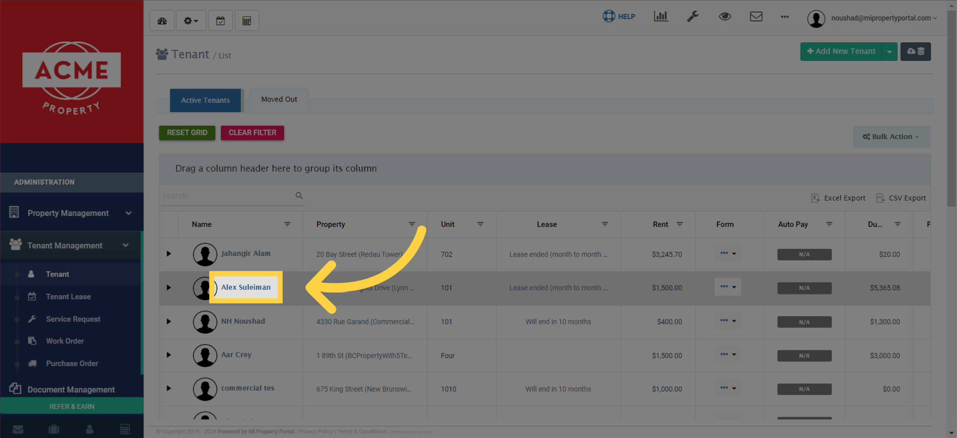 Click on a specific Tenant to open their 'Tenant Details' page.