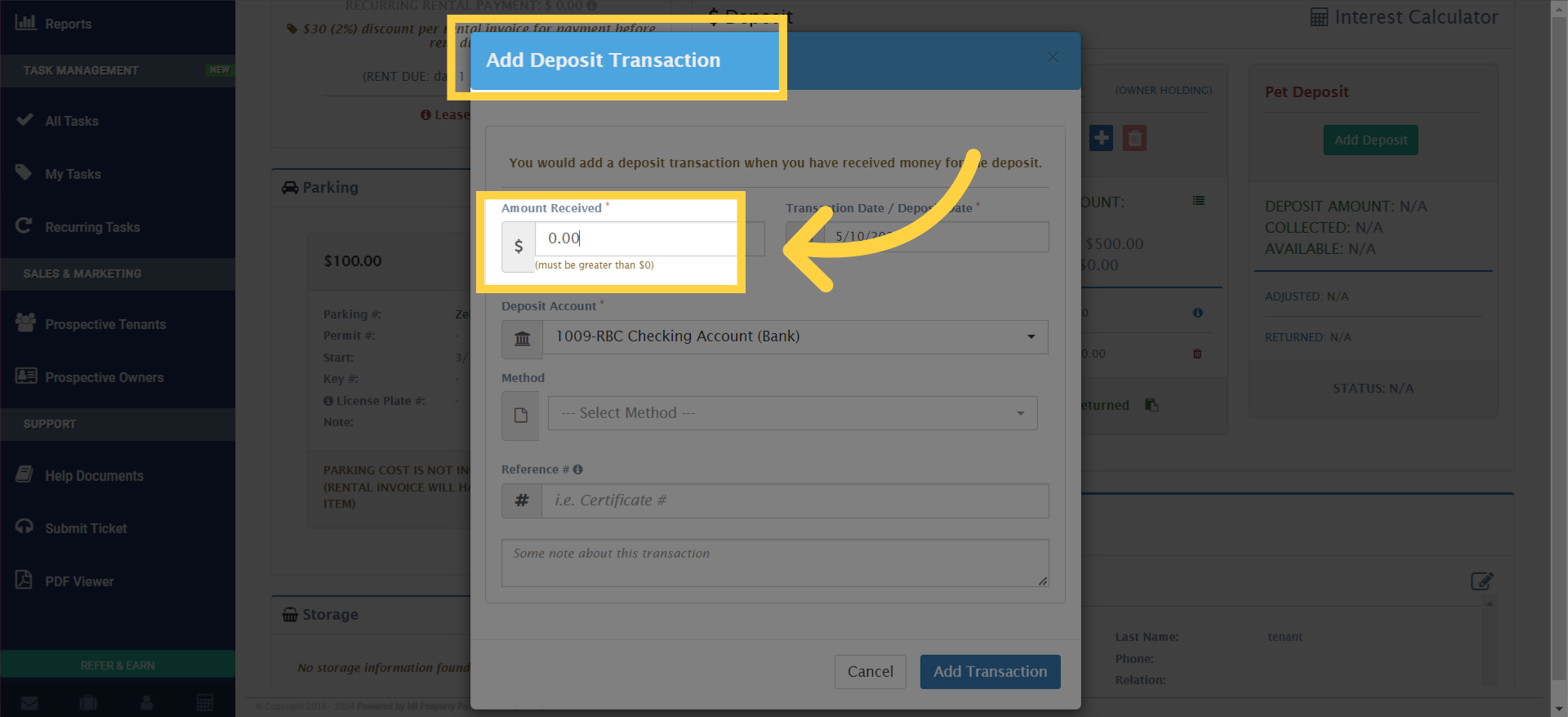 In the 'Amount Received *' field, input the amount you are logging.