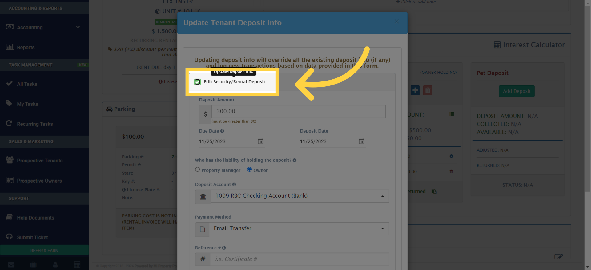 A new option will appear allowing you to tick the 'Edit Security/Rental Deposit' box.