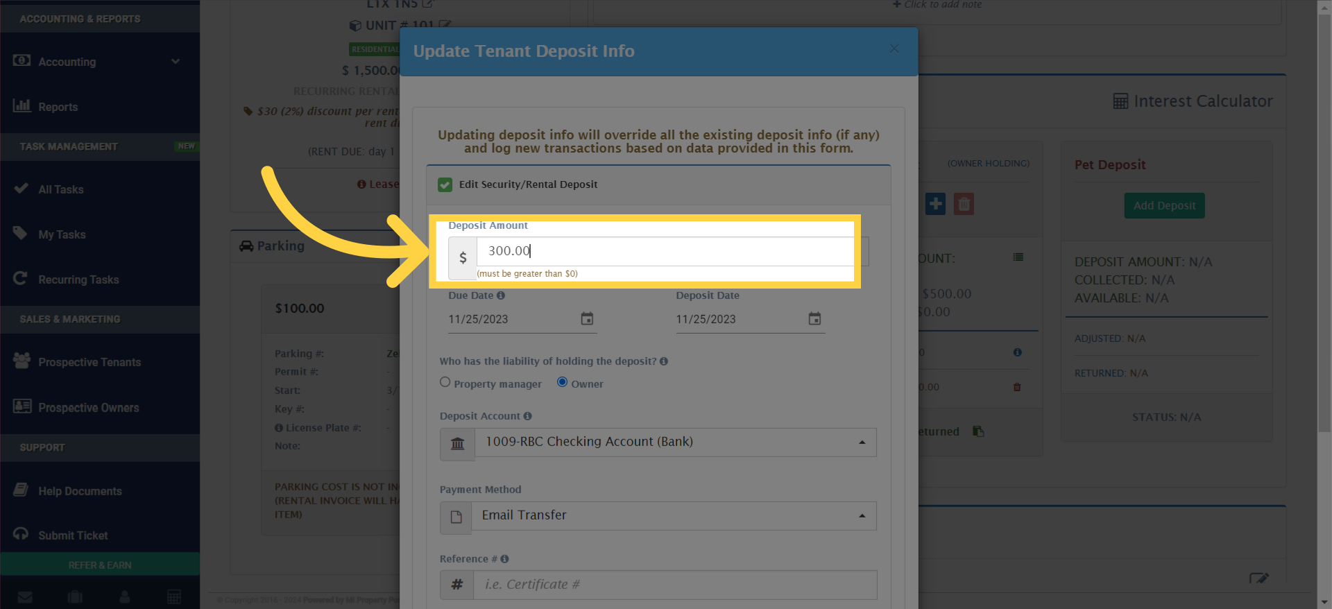 Here, you can edit the 'Deposit Amount.' Enter the new amount you wish to update.