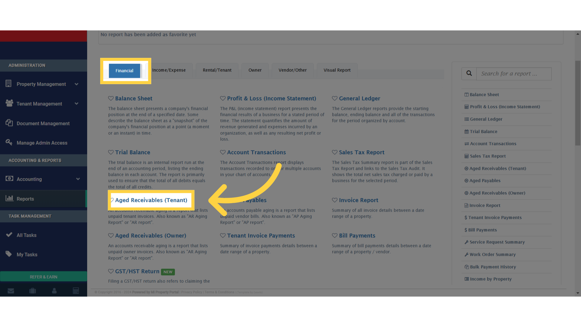 Click 'Aged Receivables (Tenant)'