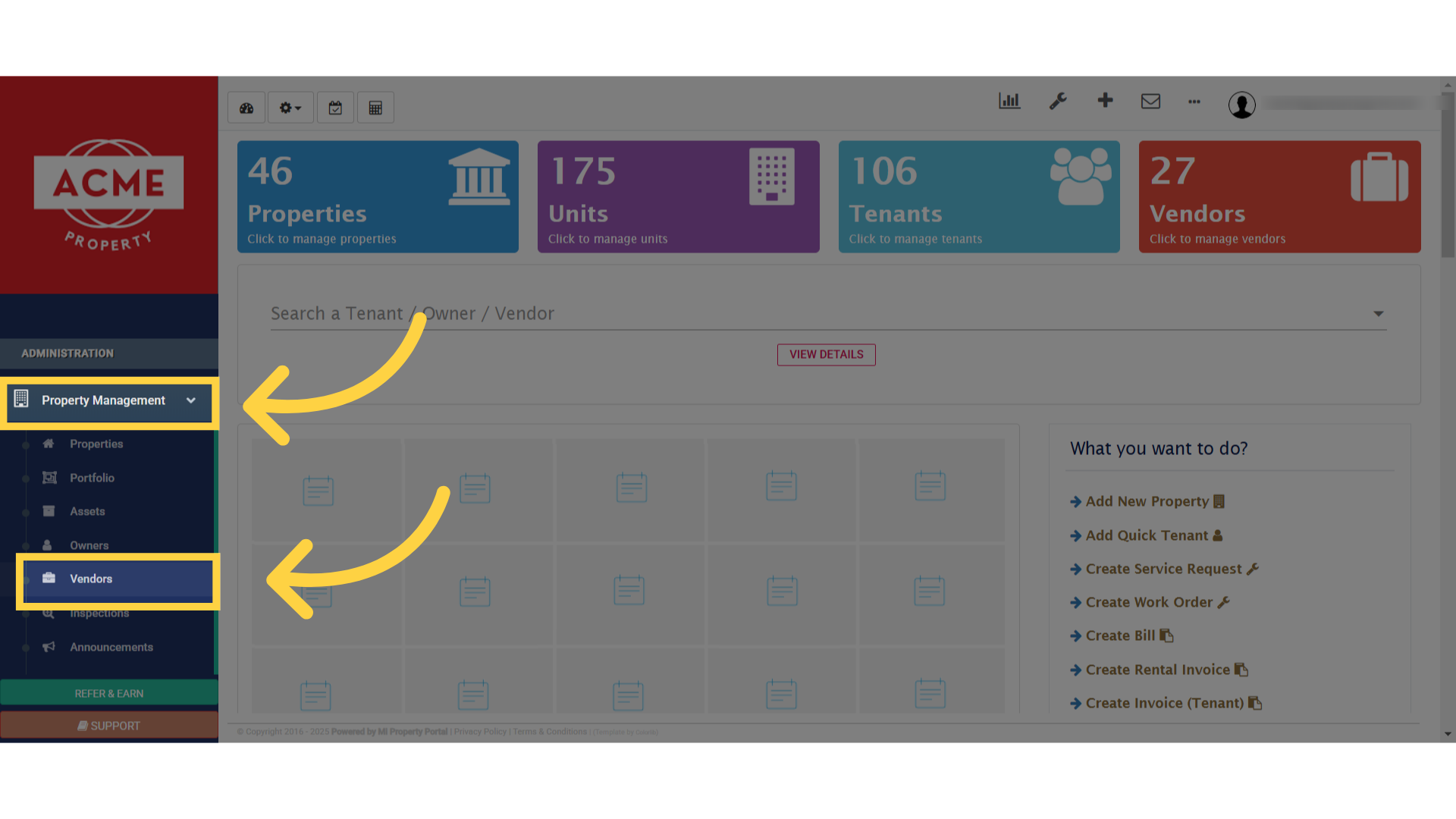 Open the Property Management menu from the left navigation. & then, Select Vendors from the list