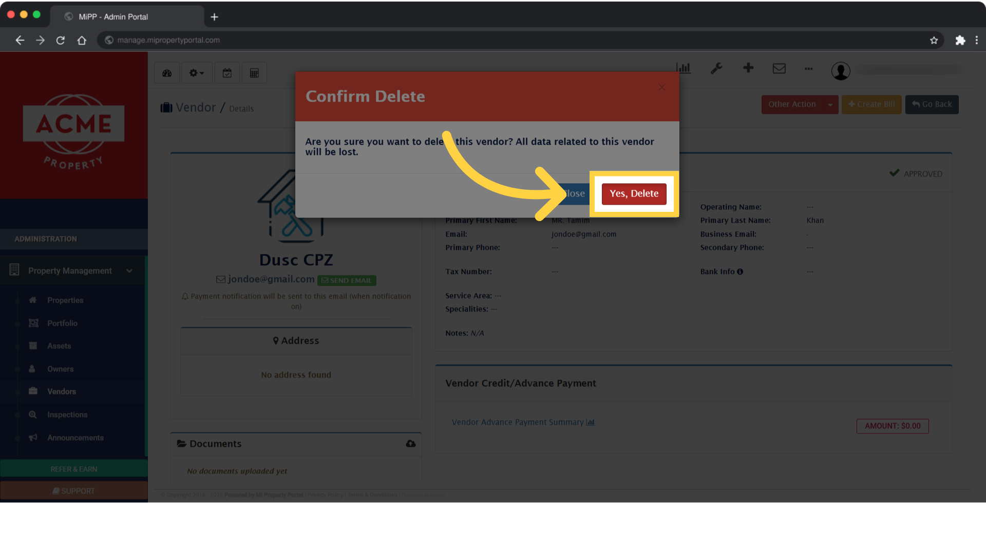 Click Yes, Delete to confirm