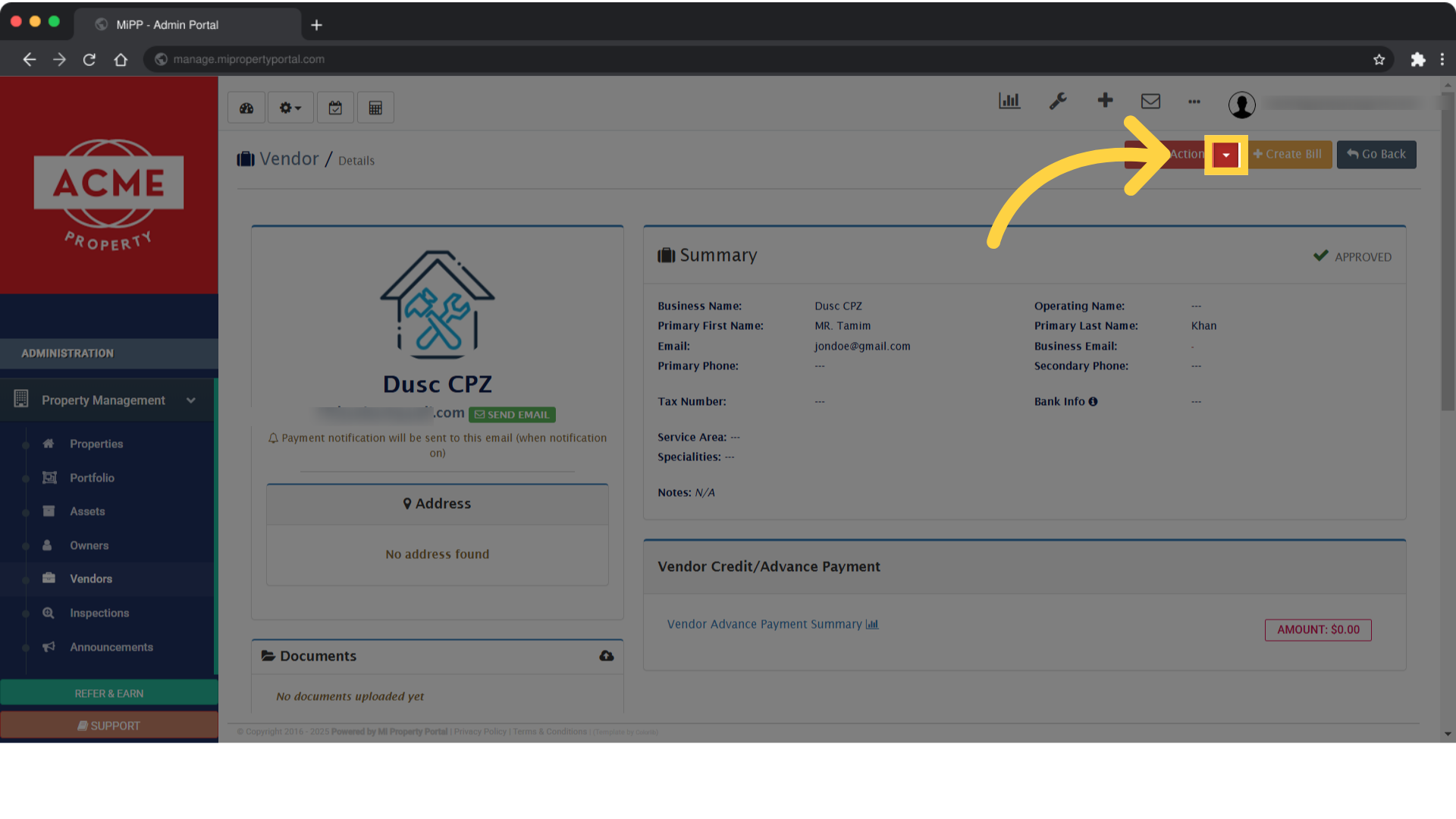 On the right side of the screen, click the Other Actions dropdown