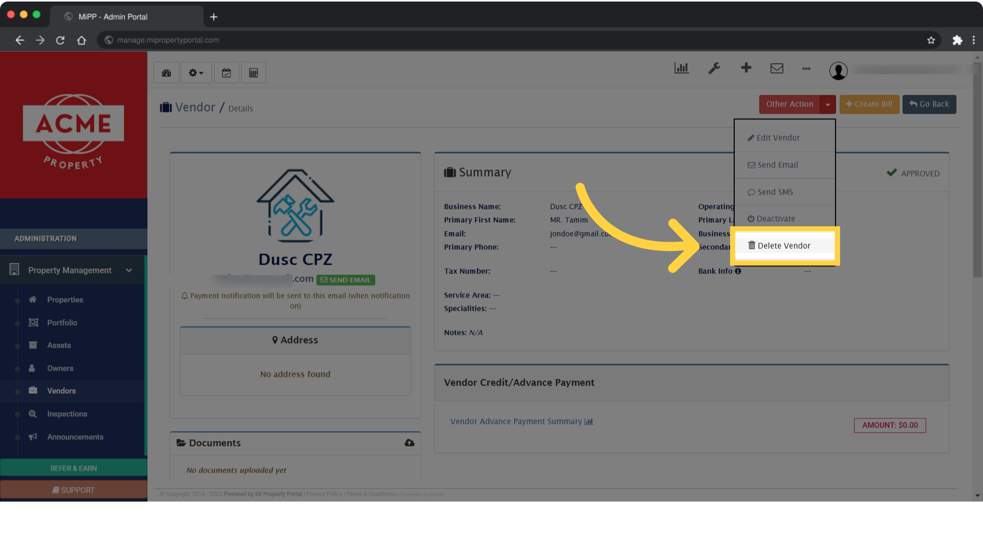 Choose Delete Vendor from the options