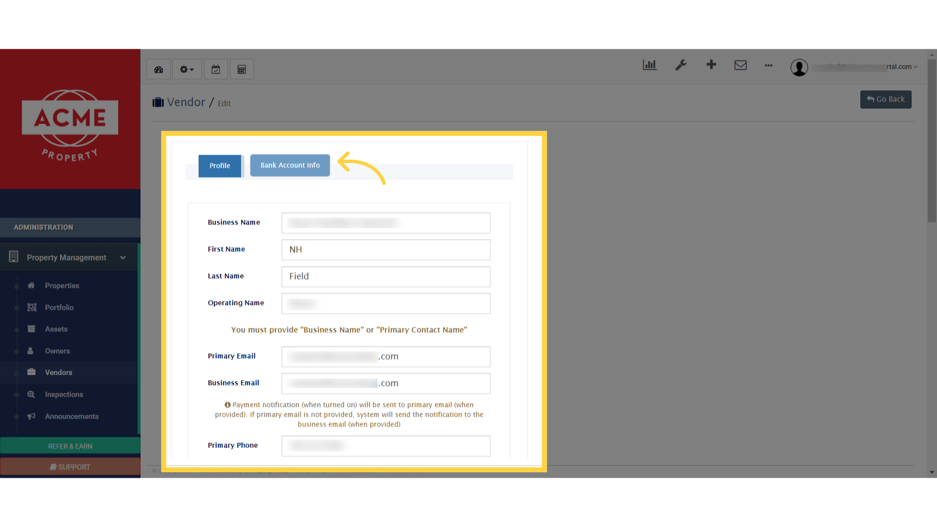 Click 'Bank Account Info'