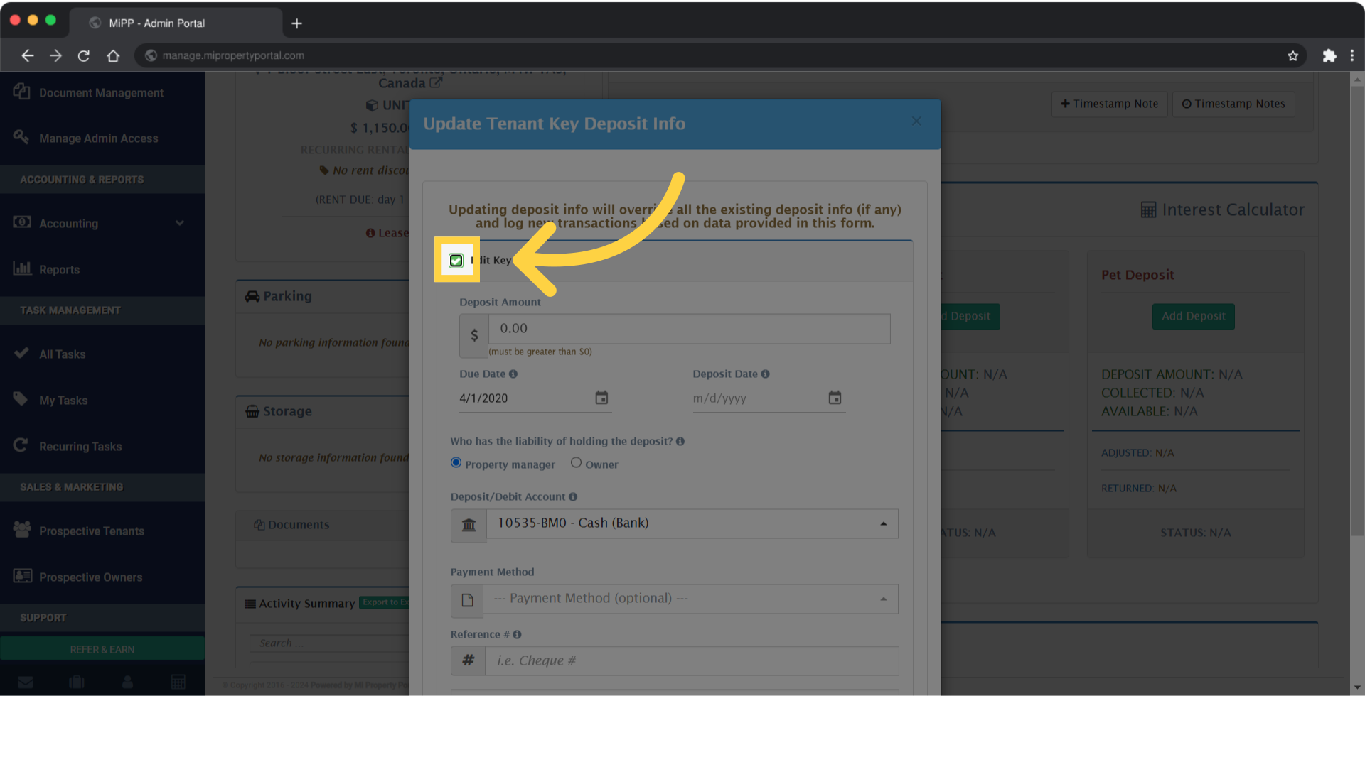 Tick the - Edit Key Deposit box