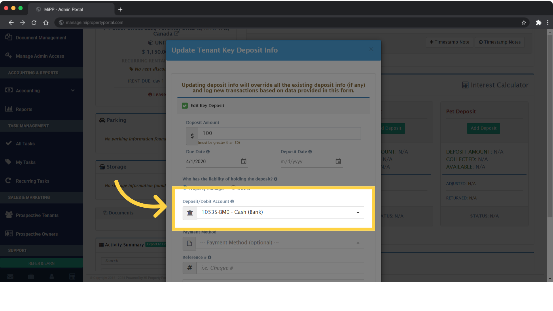 Choose the bank account from the dropdown menu labeled Deposit Account