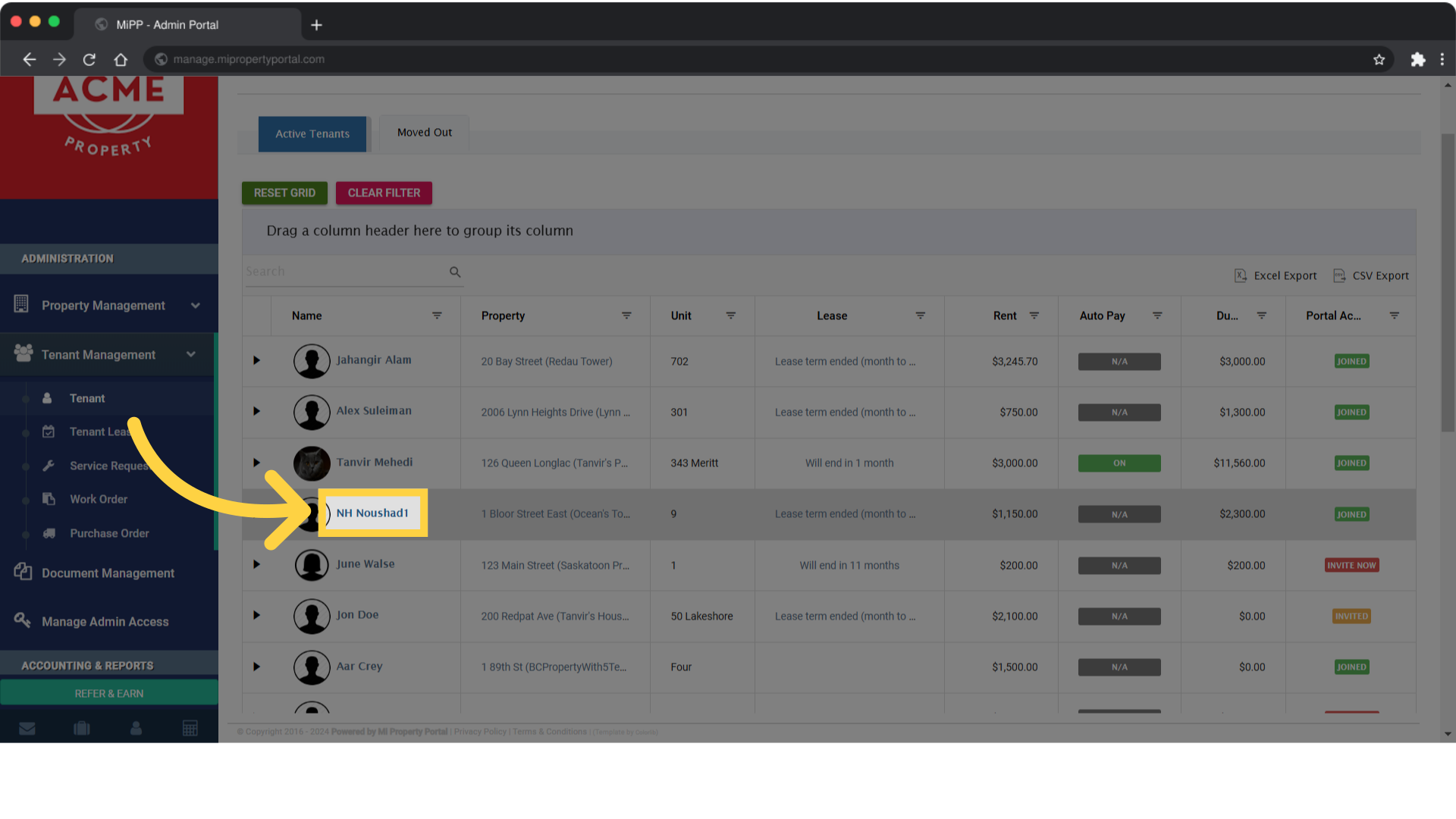 Click on a Tenant to open the Tenant Details page