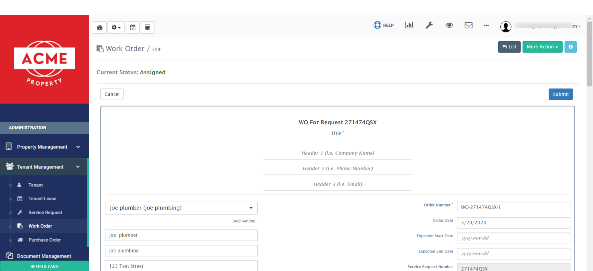 On the 'Work Order / Edit' page, scroll down.