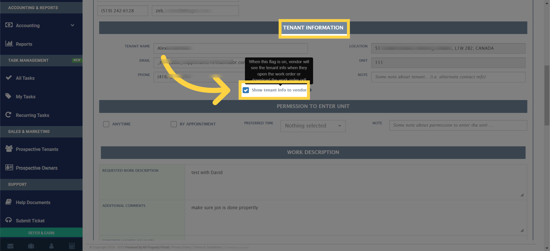 untick this box if you wish to hide the tenant's information from the vendor