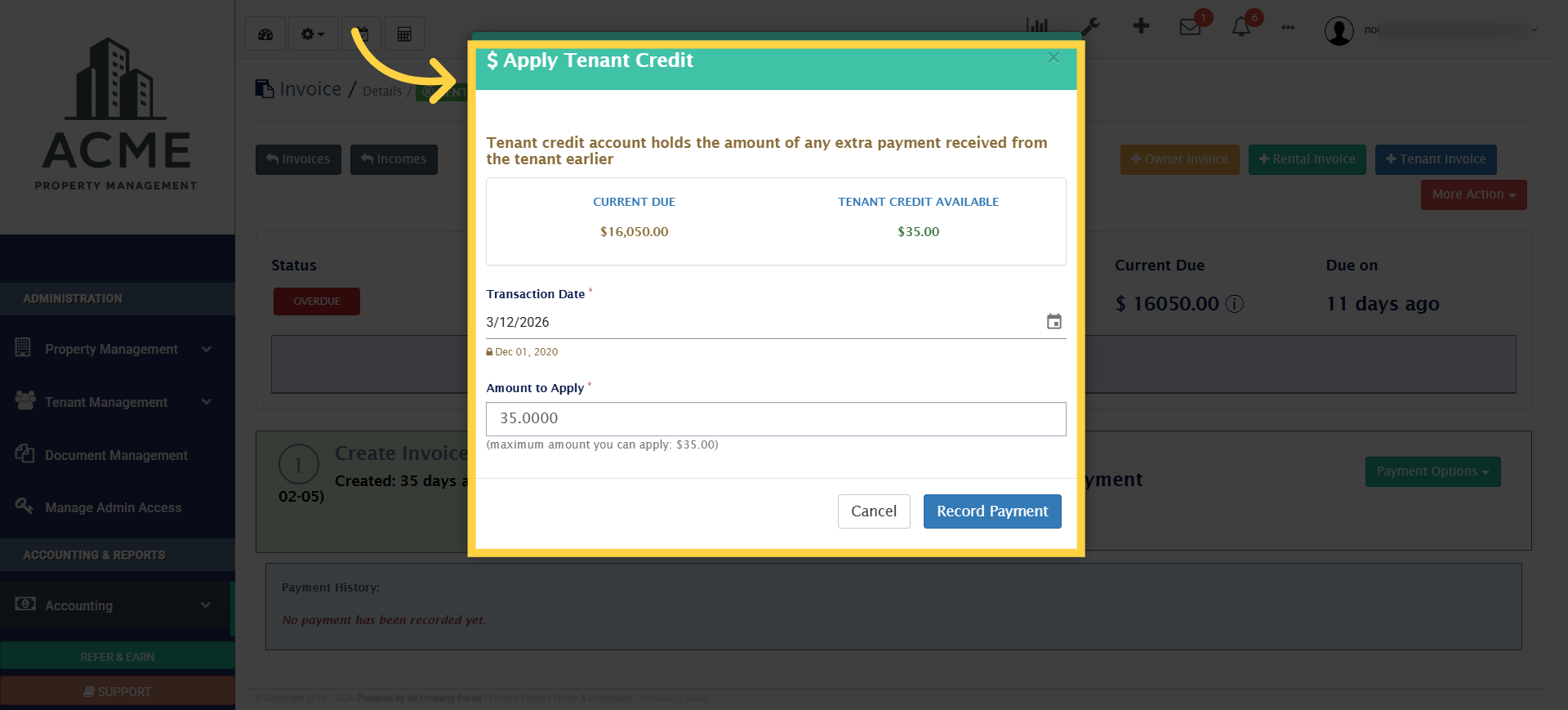 Choose Apply Tenant Credit