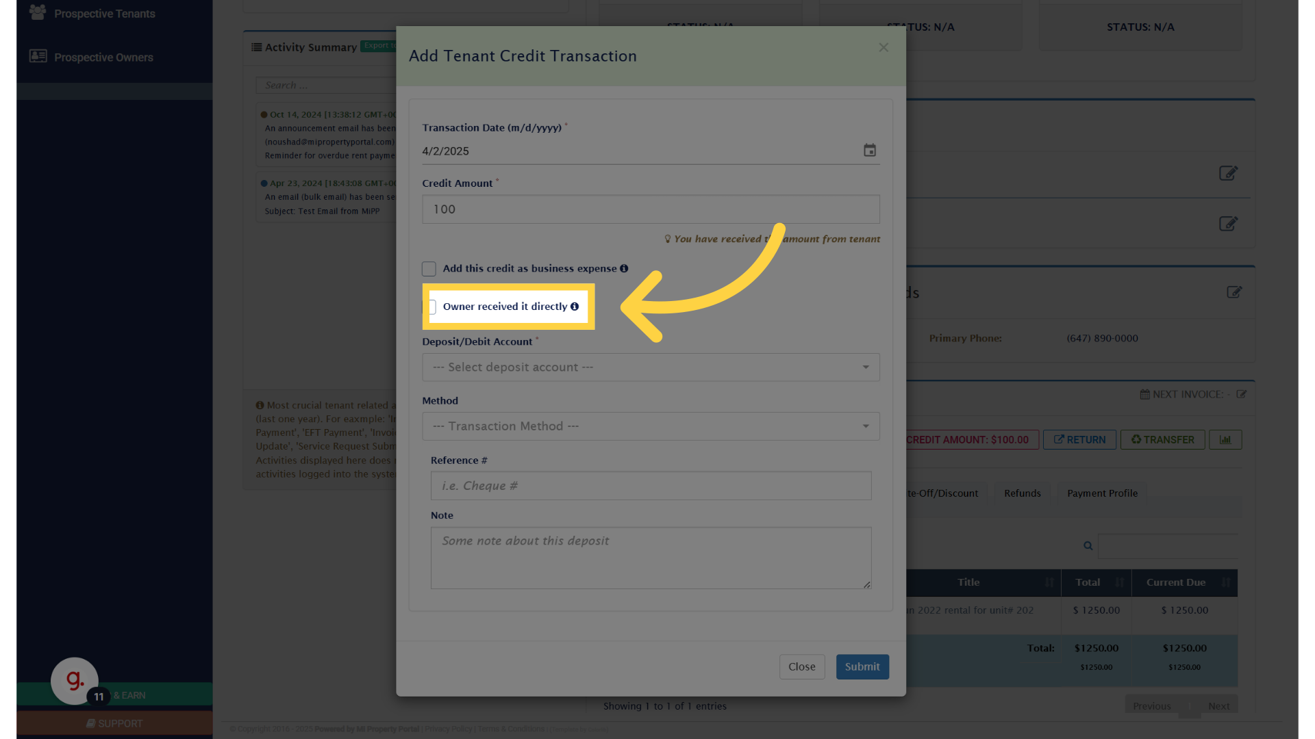 Check this if 'Owner received it directly'