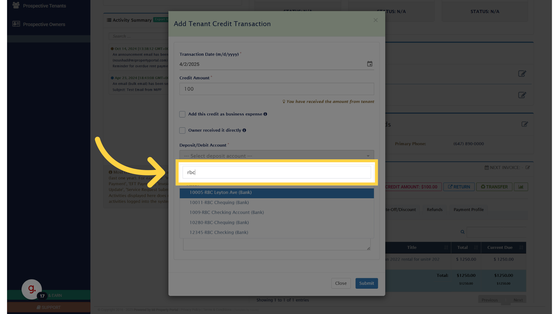 Select where the credit amount is deposited