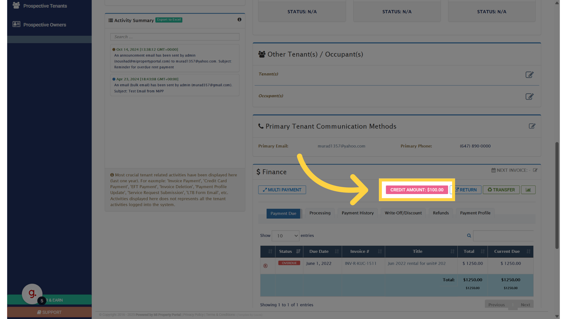 Scroll down to the Finance Section and Click the 'Credit Amount button
