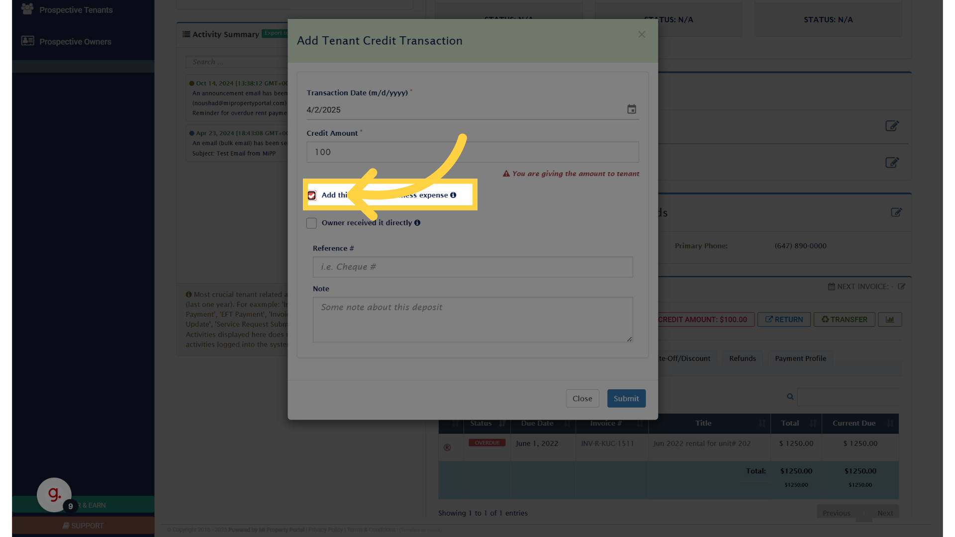 Check this if the credit is an expense of the business