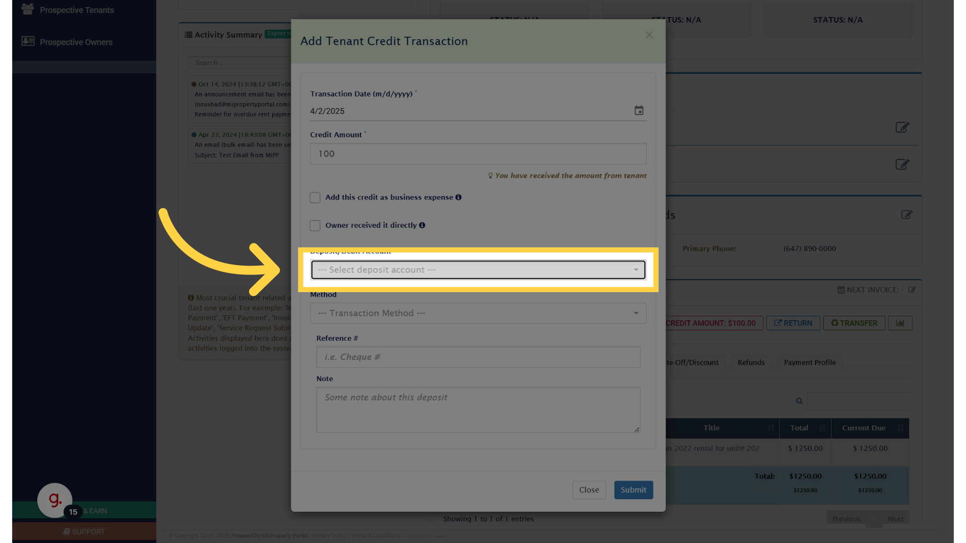 Select where the credit amount is deposited