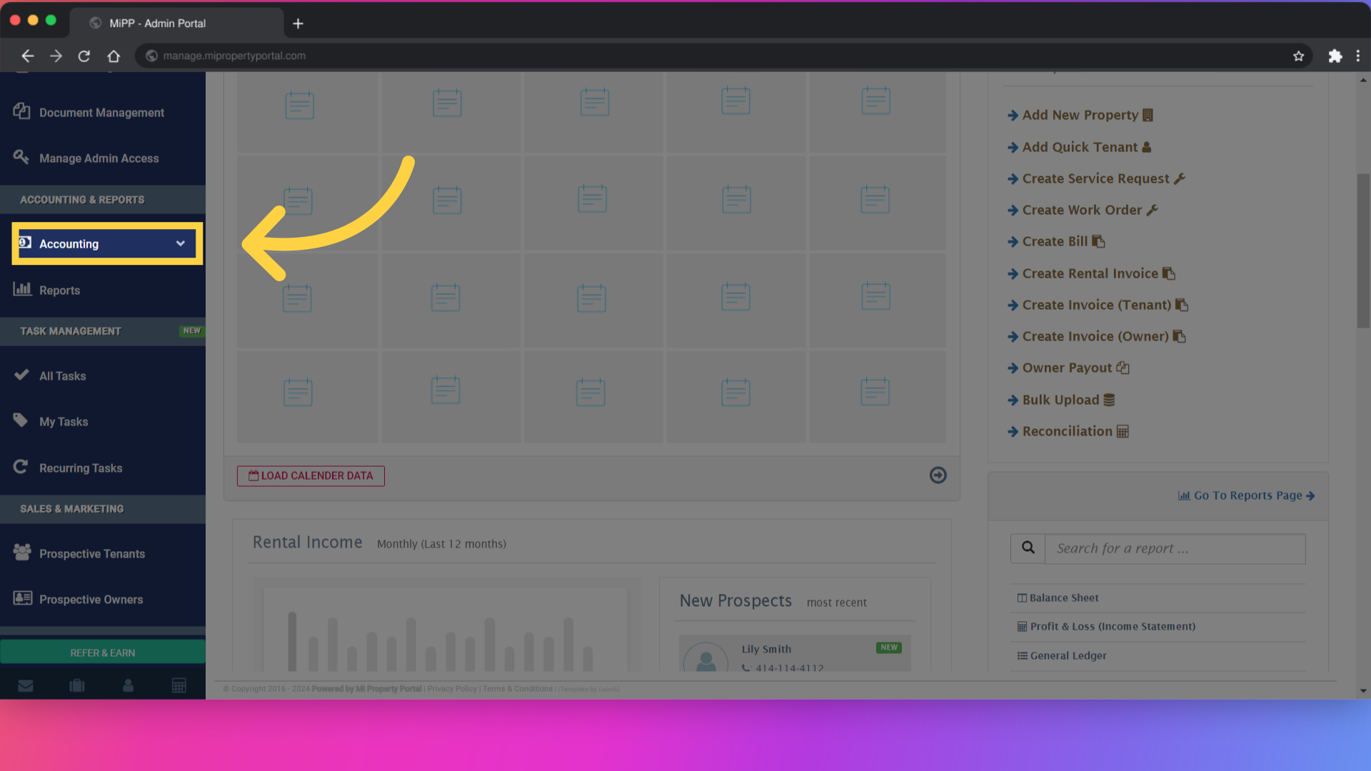 Go to 'Accounting' on the left side bar of the dashboard