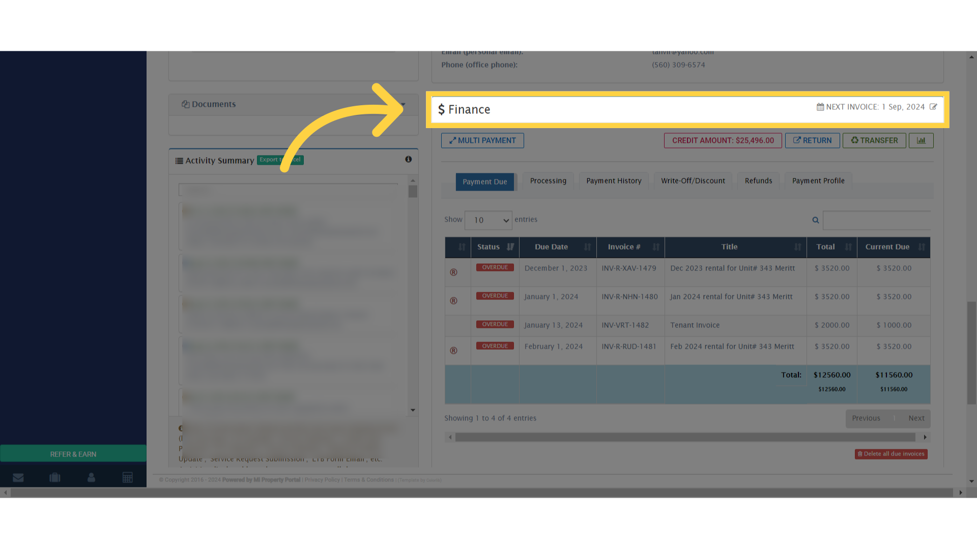 Click 'Finance NEXT INVOICE: 1 Sep, 2024'