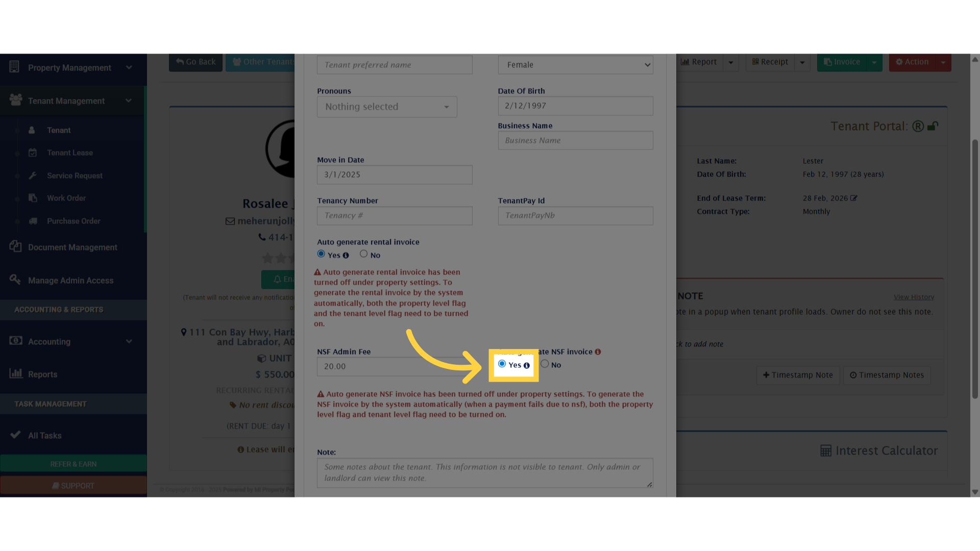 To activate the NSF invoice feature. click on the 'Yes' option within the 'Auto-generate NSF invoice' field.