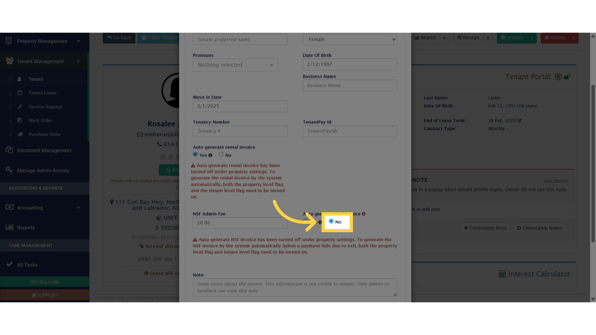 To deactivate the NSF invoice feature. select the 'No' option within the 'Auto generate NSF invoice' field.