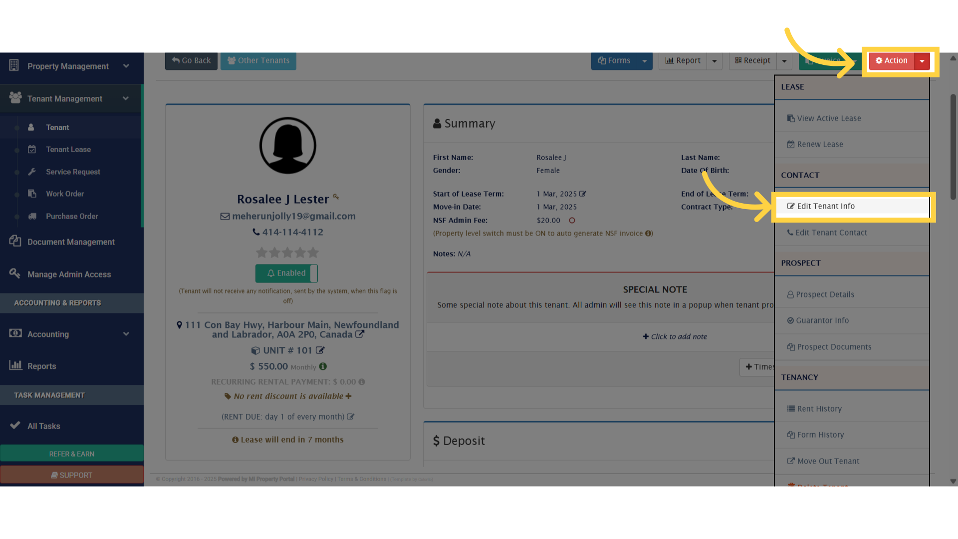 Click on the 'Action' dropdown located at the top right of the screen, next to the 'Invoice' section. Then, select 'Edit Tenant Info' from the menu.