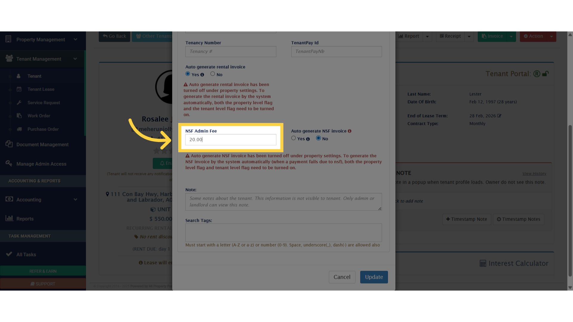 You can set the NSF amount/fee under 'NSF Admin Fee' option.
