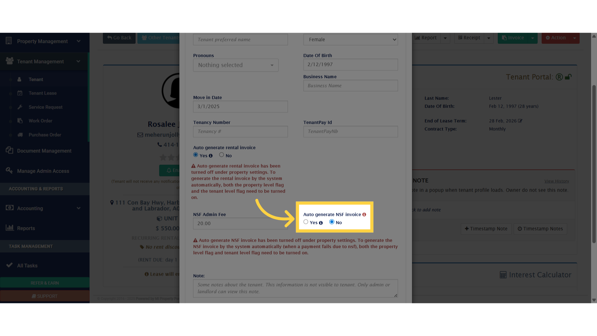 Our system automatically generates an NSF invoice when activated, specifically in cases where a tenant’s EFT (Bank Payment) fails.