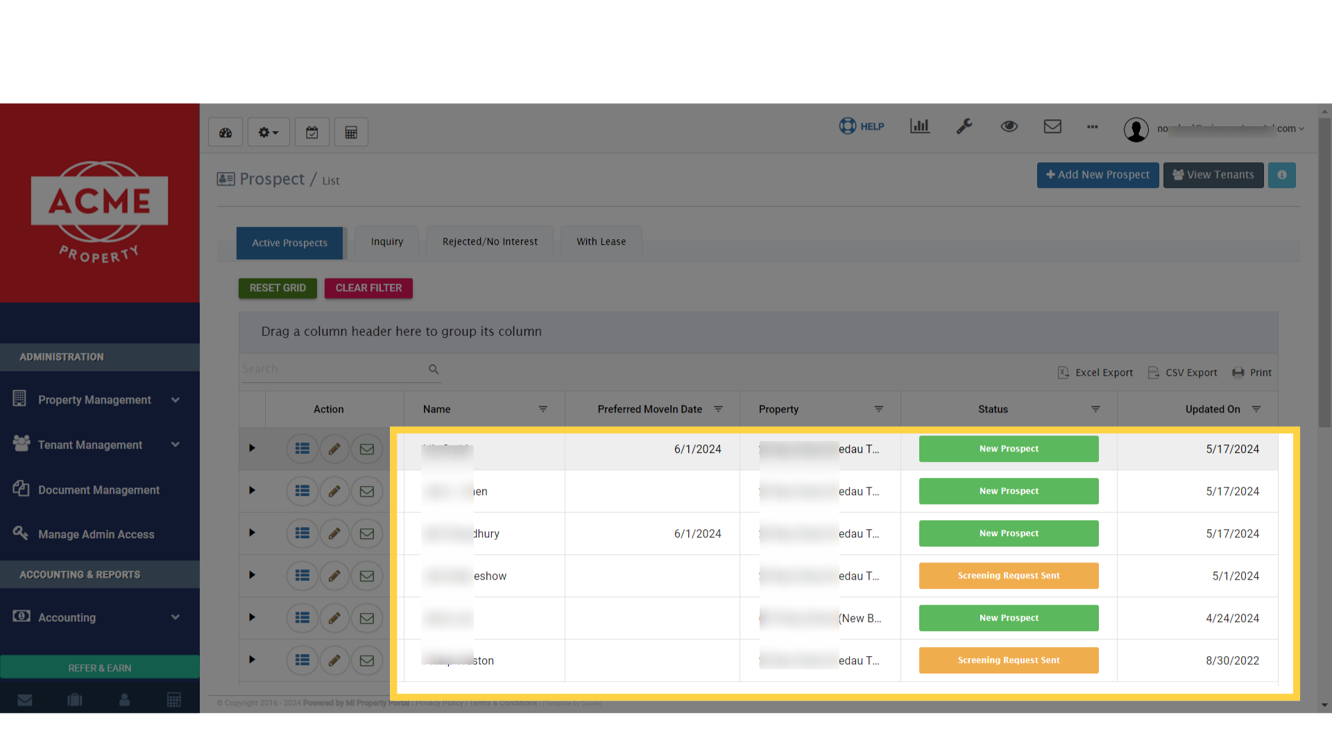 Upon clicking, you will be redirected to the 'Prospect / List' page