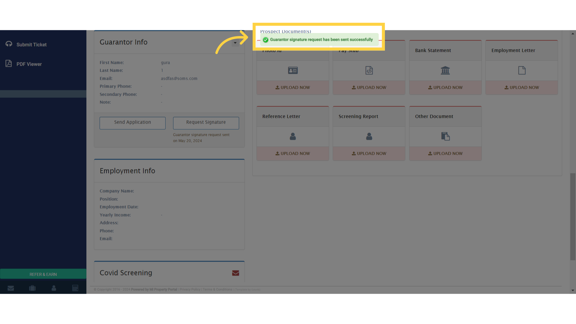 A confirmation message stating 'Guarantor signature request has been sent successfully'