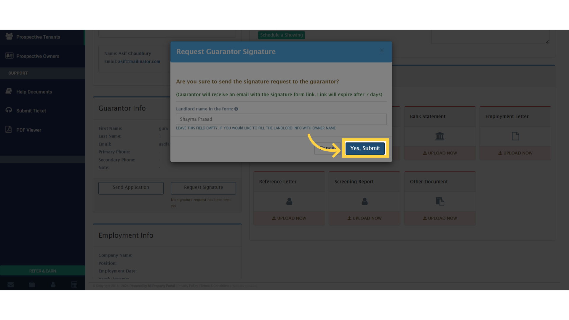 click on 'Yes, Submit' to send out the signature request