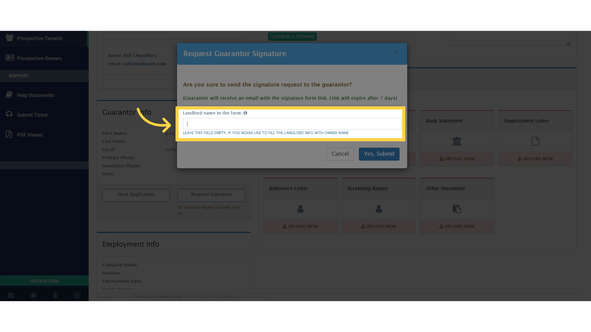 Fill in the 'Landlord name in the form:'