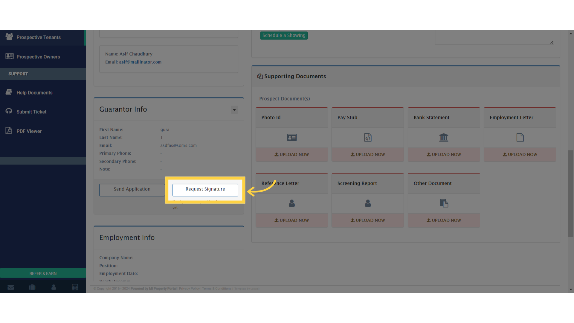 Within the Guarantor Info section, locate and click on 'Request Signature'