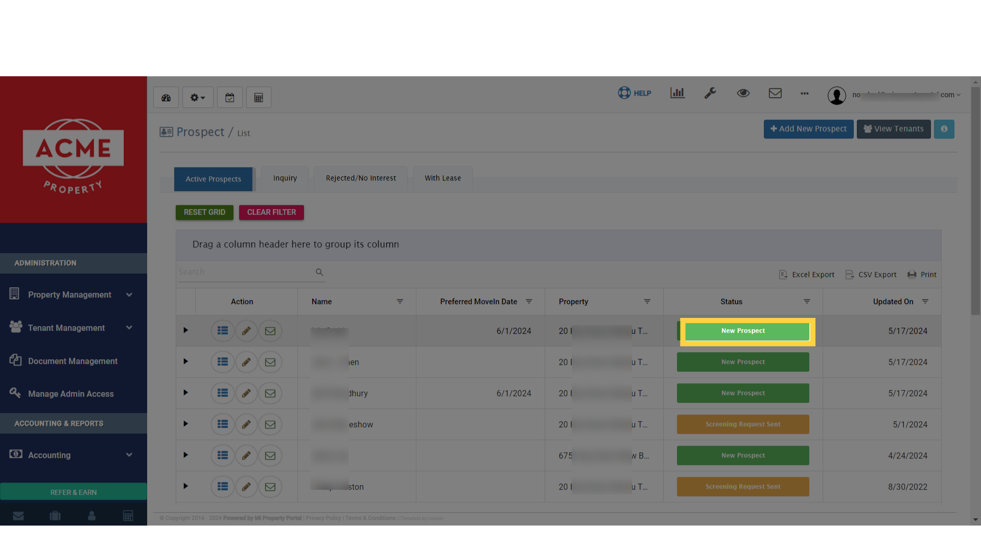 Search for the tenant you are working with and select 'New Prospect'