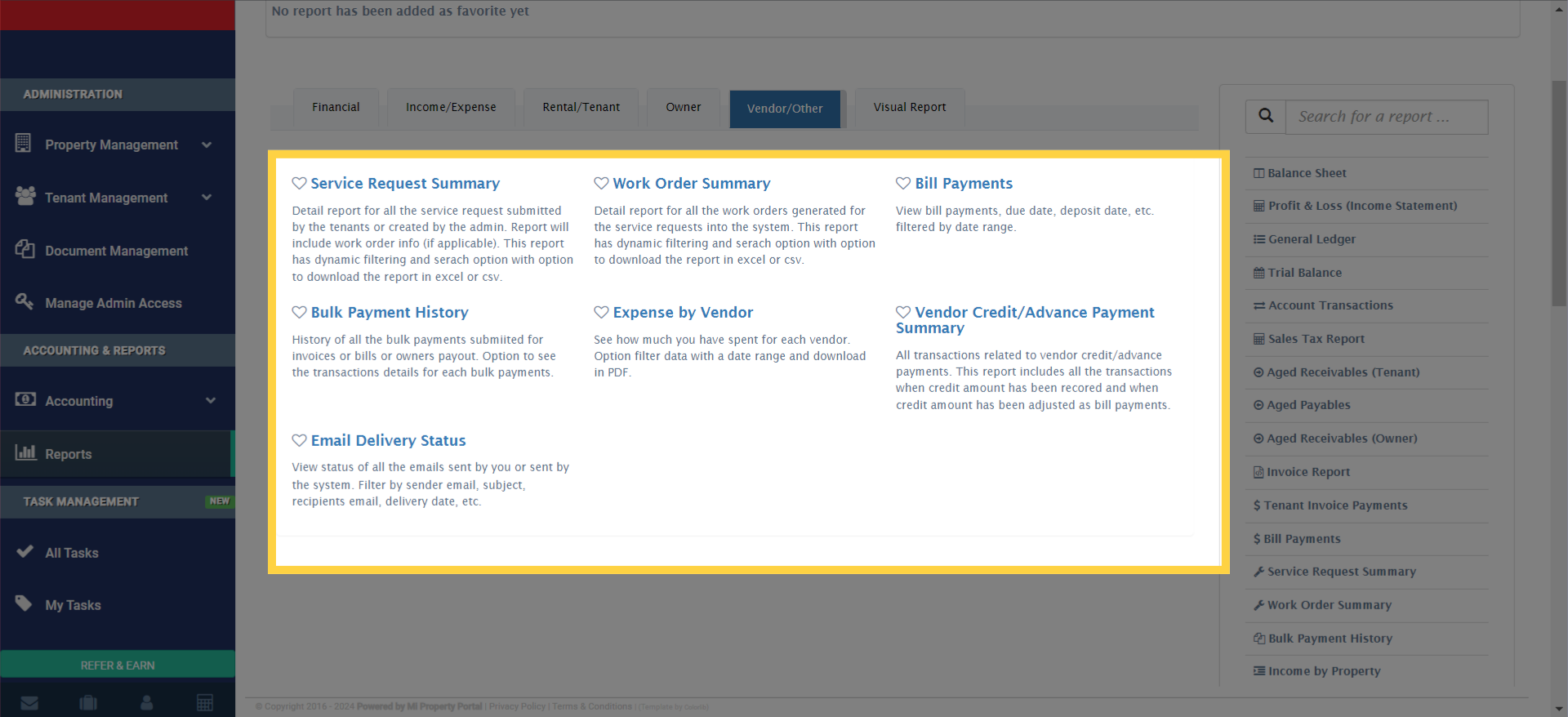 All the Reports under 'Vendor/Other' will appear. Click on any type of report to generate it.