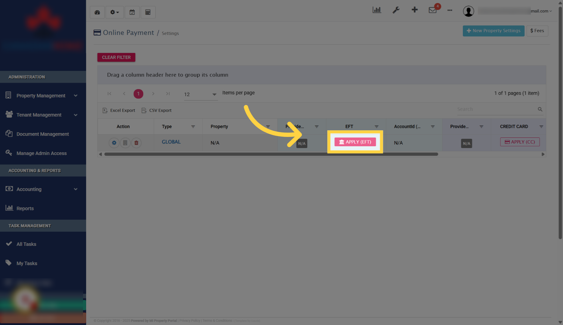 Start Merchant Account Application- Click Apply EFT Button