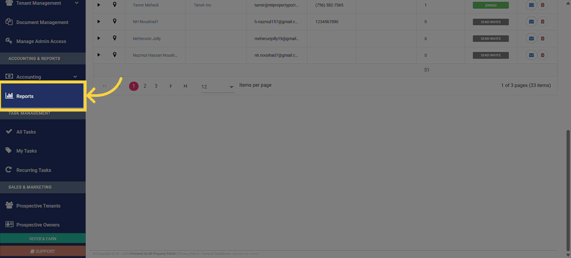 Open Reports Section