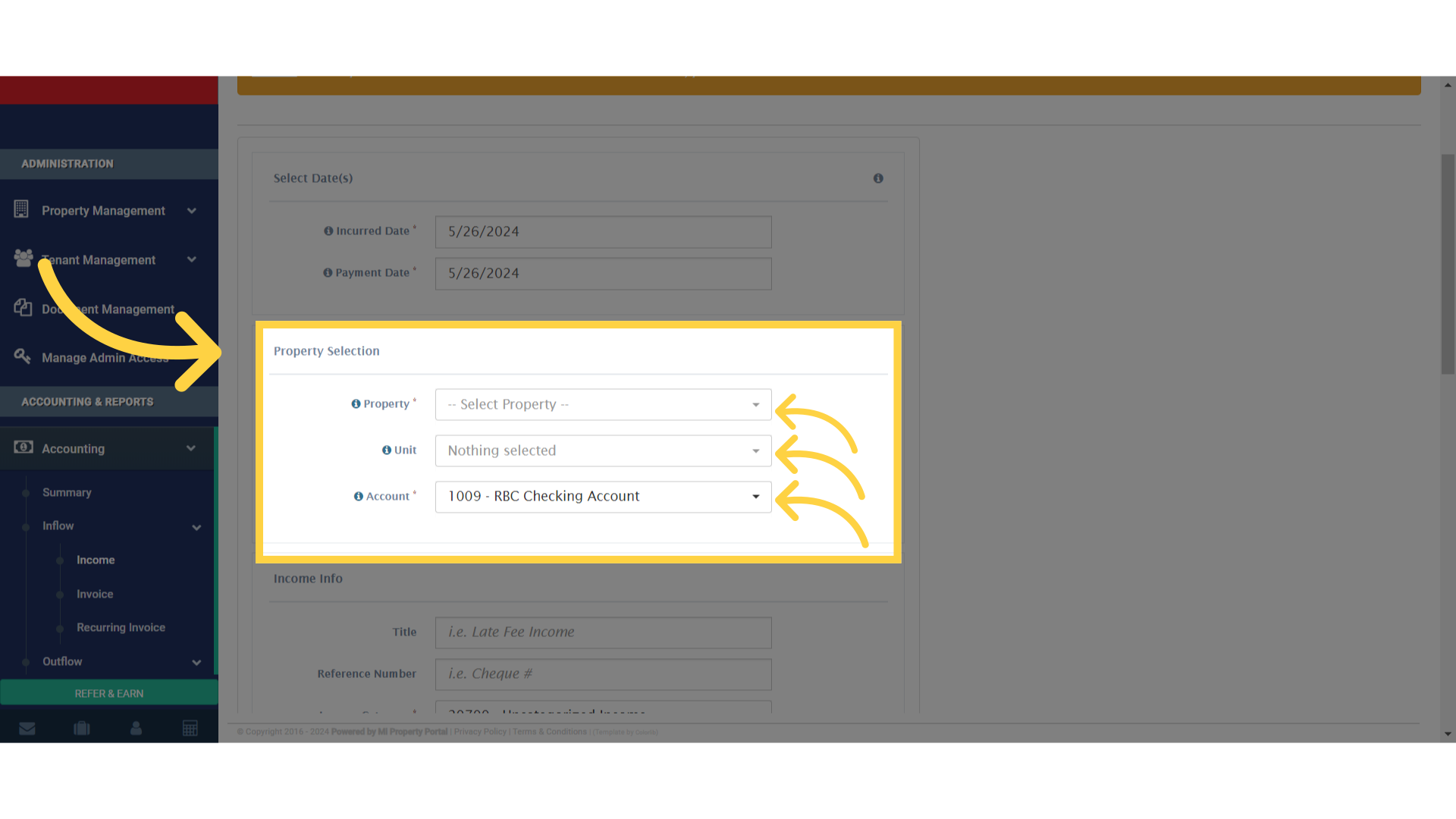 Then, complete the fields under 'Property Selection.'