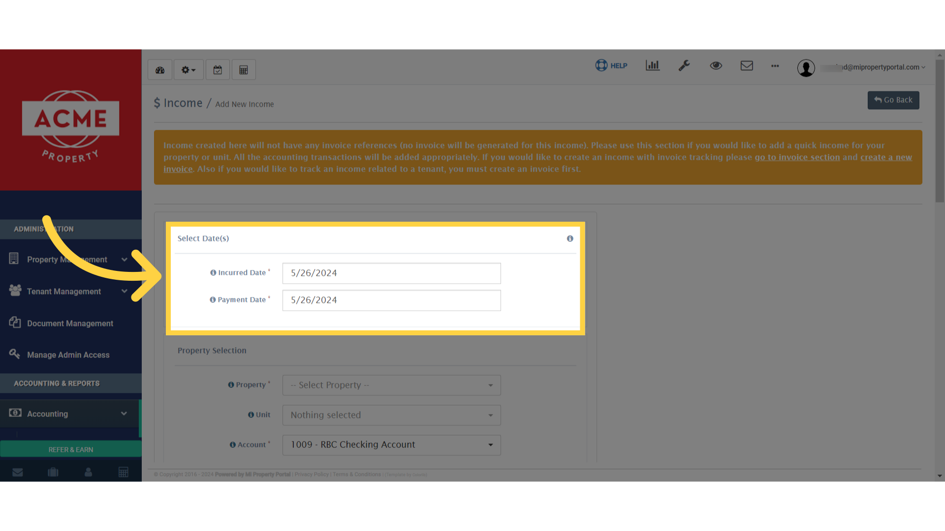 Fill out the required fields under 'Select Date(s).'