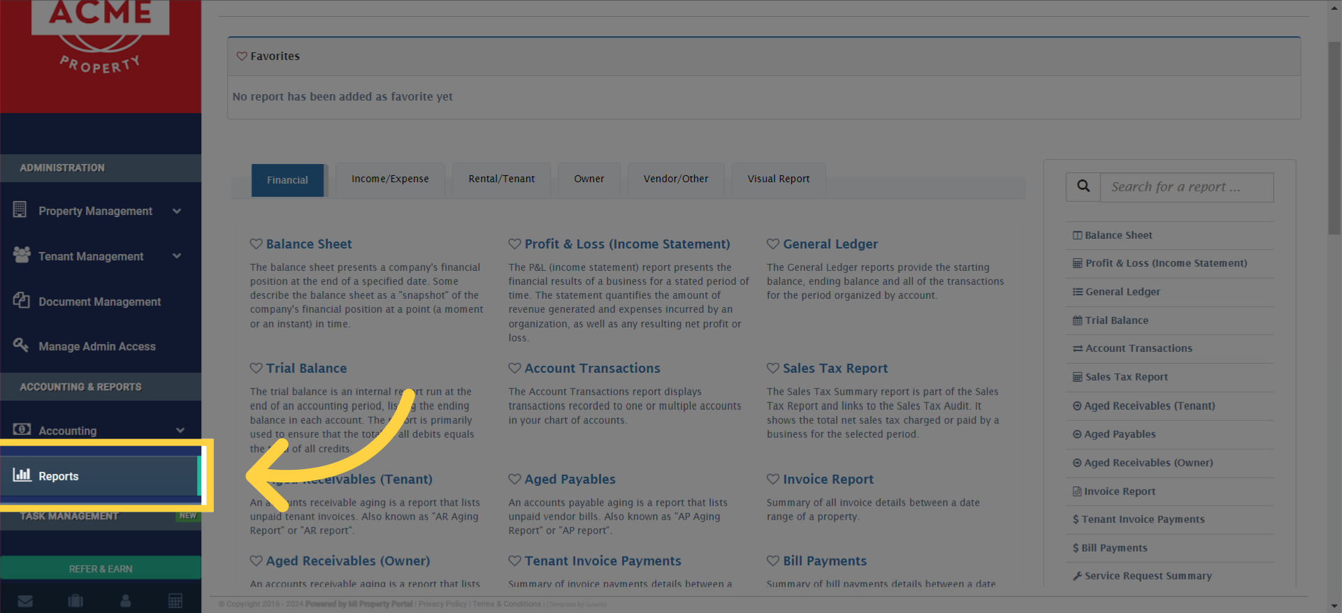 Or, click on 'Reports' under 'Accounting & Reports on the left navigation on Dashboard