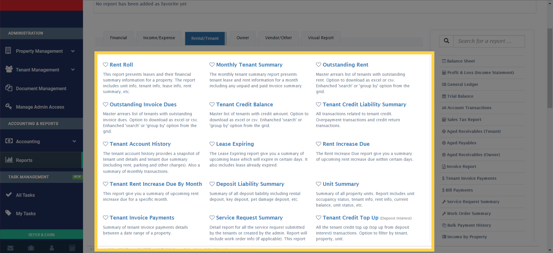 Here you will find all the 'Rental/Tenant' Reports. Click on any, to generate a report.