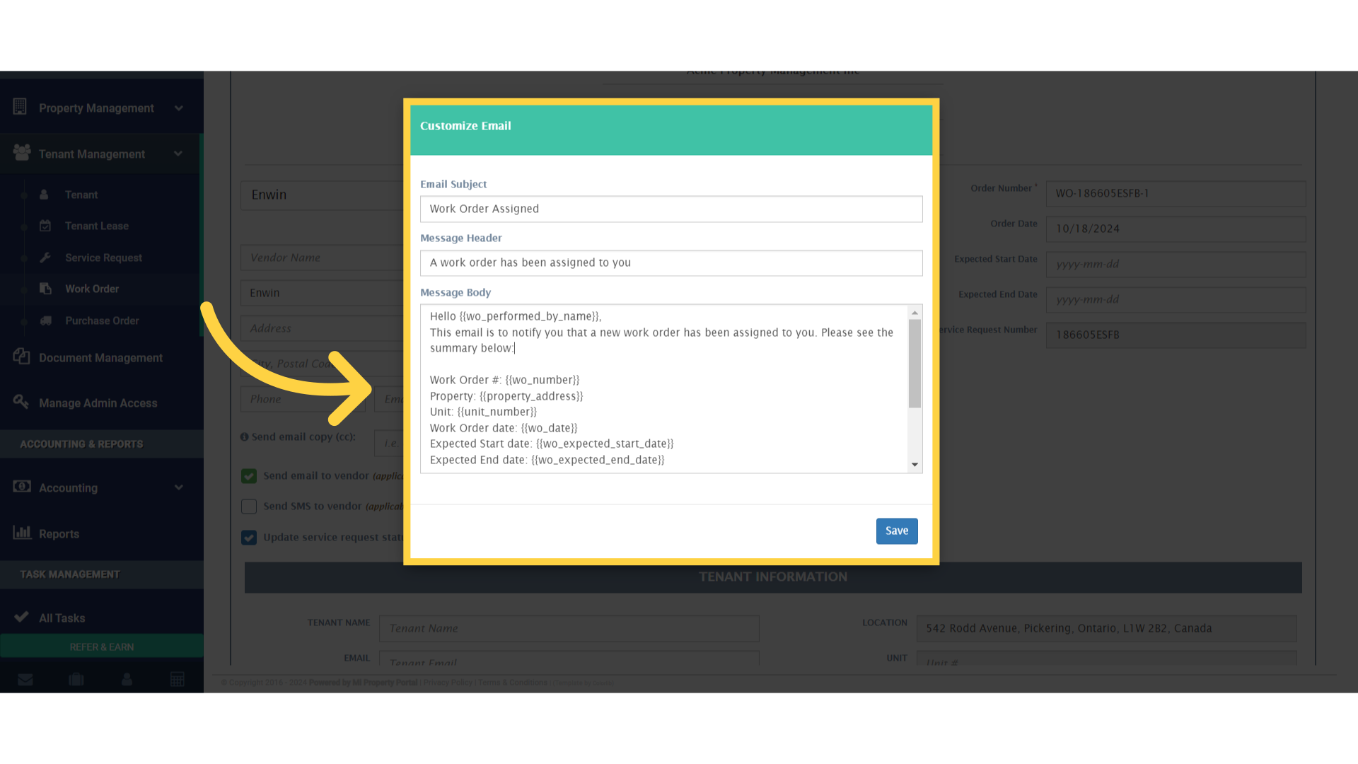 Click 'Hello {{wo_performed_by_name}}, This email is to notify you that a new work order has been assigned to you. Please see the summary below: Work Order #: {{wo_number}} Property: {{property_address}} Unit: {{unit_number}} Work Order date: {{wo_date}} Expected Start date: {{wo_expected_start_date}} Expected End date: {{wo_expected_end_date}} {{wolink}} If you have any question or concern, please reply to this email or contact the property manager.'