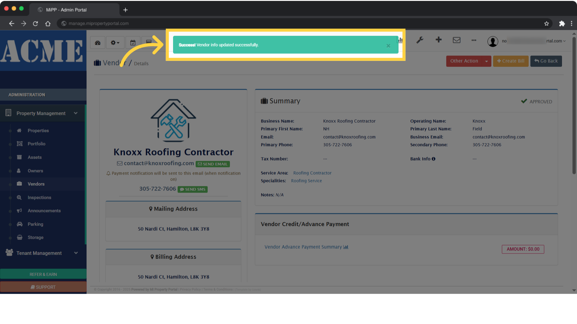 Click '×Success! Vendor info updated successfully.'