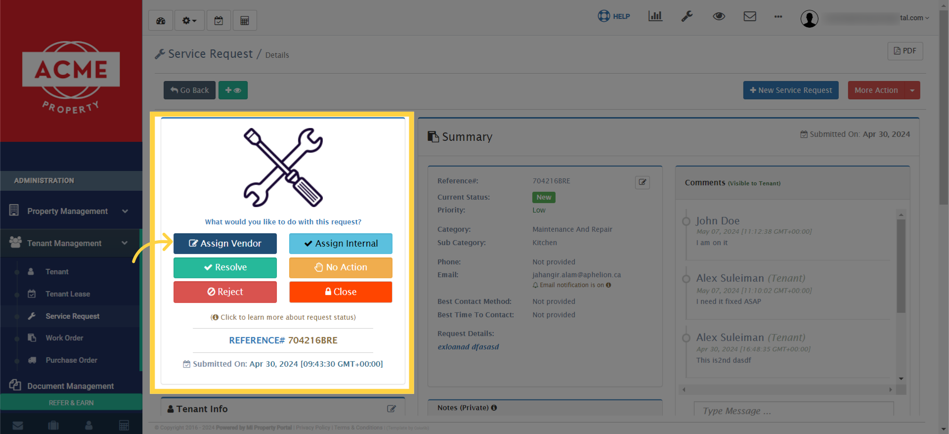 Within the Service Request/Details page, click on 'Assign Vendor' 